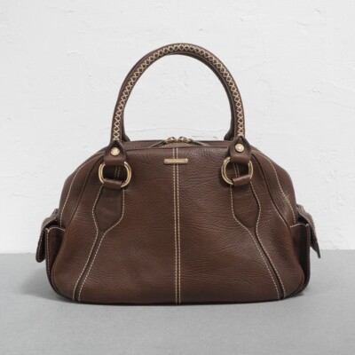 CELINE Vintage Shoulder Bag Brown Leather Gold Triomphe White Bowling Handbag