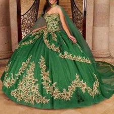Glitter Green Quinceanera Dresses Ball Gown Gold Lace Applique With Cape Sweet16