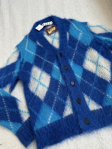 Marni Mohair Wool Fuzzy Argyle Intarsia Blue Cardigan NWTG - Picture 7 of 10