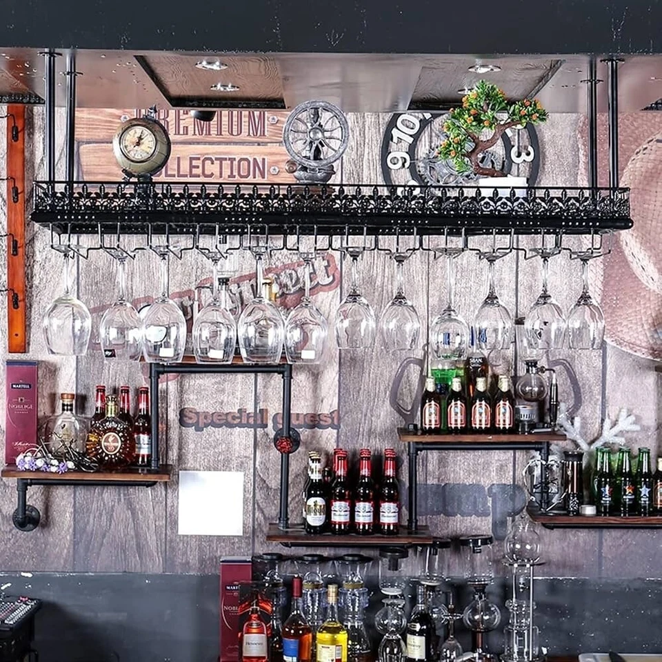 Vintage Retro Black Ceiling Glass Holder Wine Bottle Storage Display Shelf Racks - Image 4 of 4