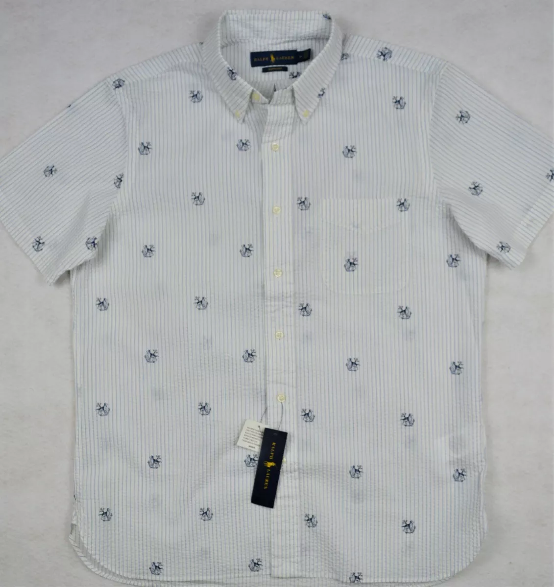 Ralph Lauren Shirt White Anchor Seersucker Button Front LT L Tall NWT 125