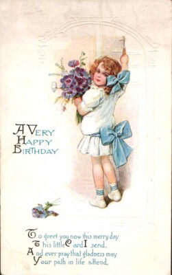 Birthday postcard Girl Big Blue Bows Purple Flowers Door  PM 1926
