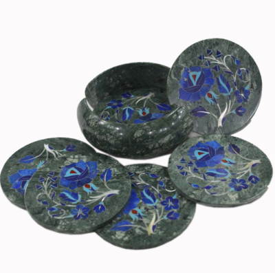 100% Genuine 4' Lapis lazuli Gemstone Inlaid Green Marble Cool Drink Coaster Set