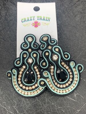 NWT Womens Crazy Train turquoise, clear, rhinestone Beaded Earrings