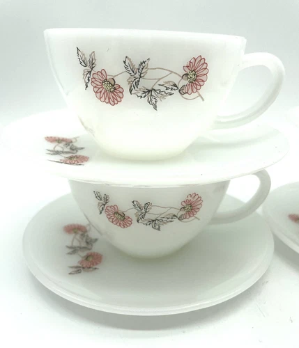 Fleurette Flower Cup Saucer Anchor Hocking Fire King Milk Glass 3 Sets Vintage