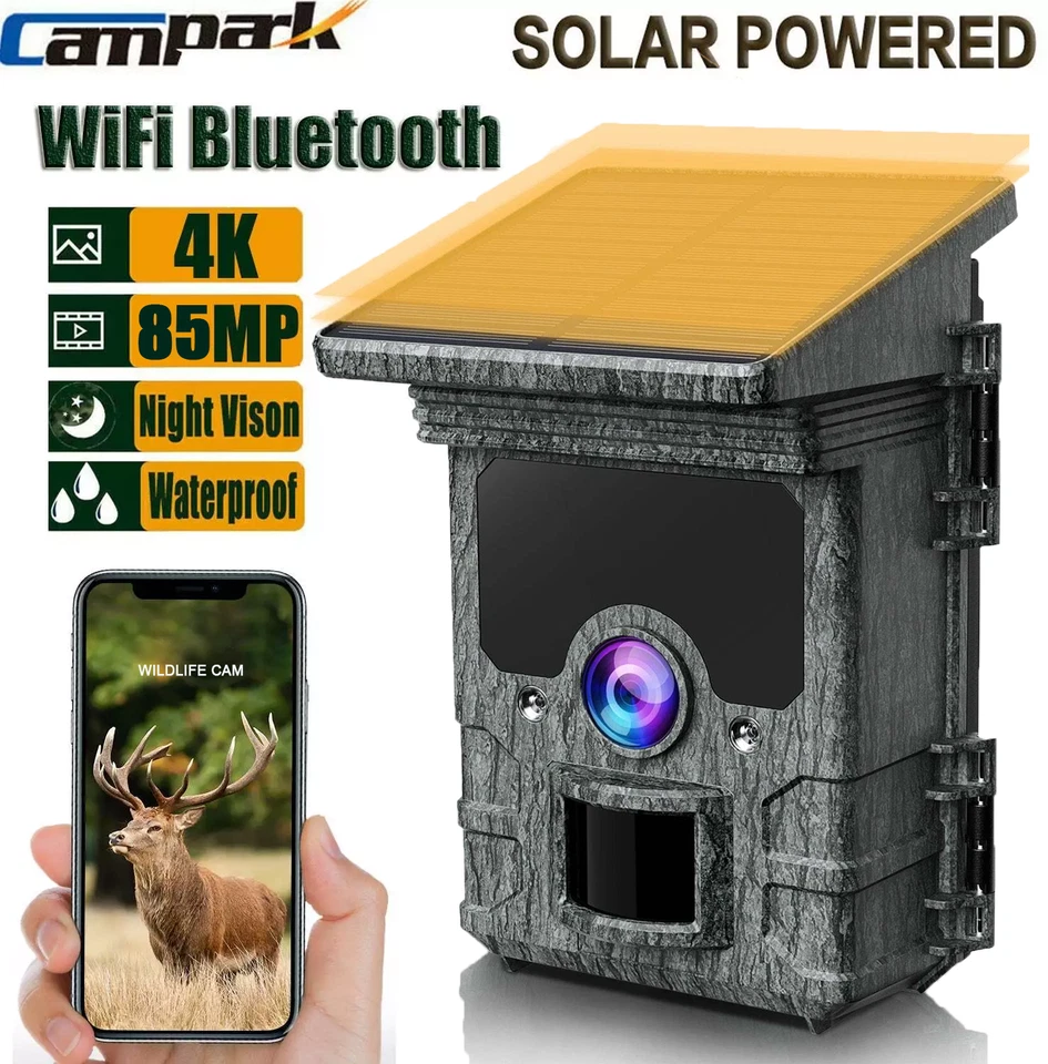 Solar Powered WiFi 4K 85MP Trail Camera Hunting Game Wildlife Cam Night Vision