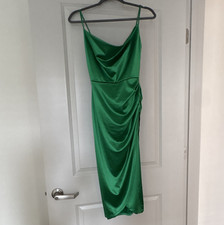 Windsor Green Satin Slip Dress Cowl Neck Strappy Ruched Side Slit Formal XS