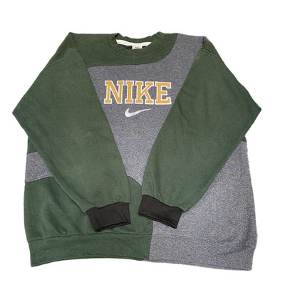 Nike Reworked Sweatshirt Herren L grün grau bestickt Spruch Logo Vintage Y2K
