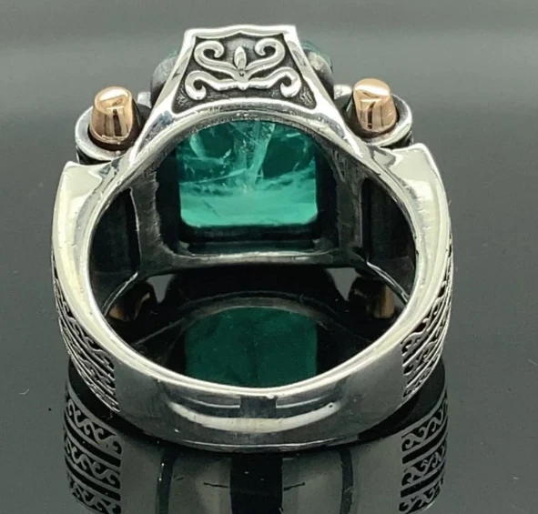 Мужское кольцо из чистого серебра с зеленым турмалином — турецкая бижутерия ручной работы - Изображение 3 из 4