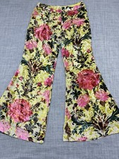 Free People Velvet Burnout Floral Flare Pants Bell Bottoms Chartreuse Pink Sz 8