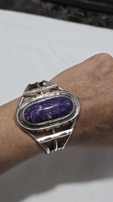 Sterling Silver Purple Stone Cuff Bracelet Native American Handmade by L