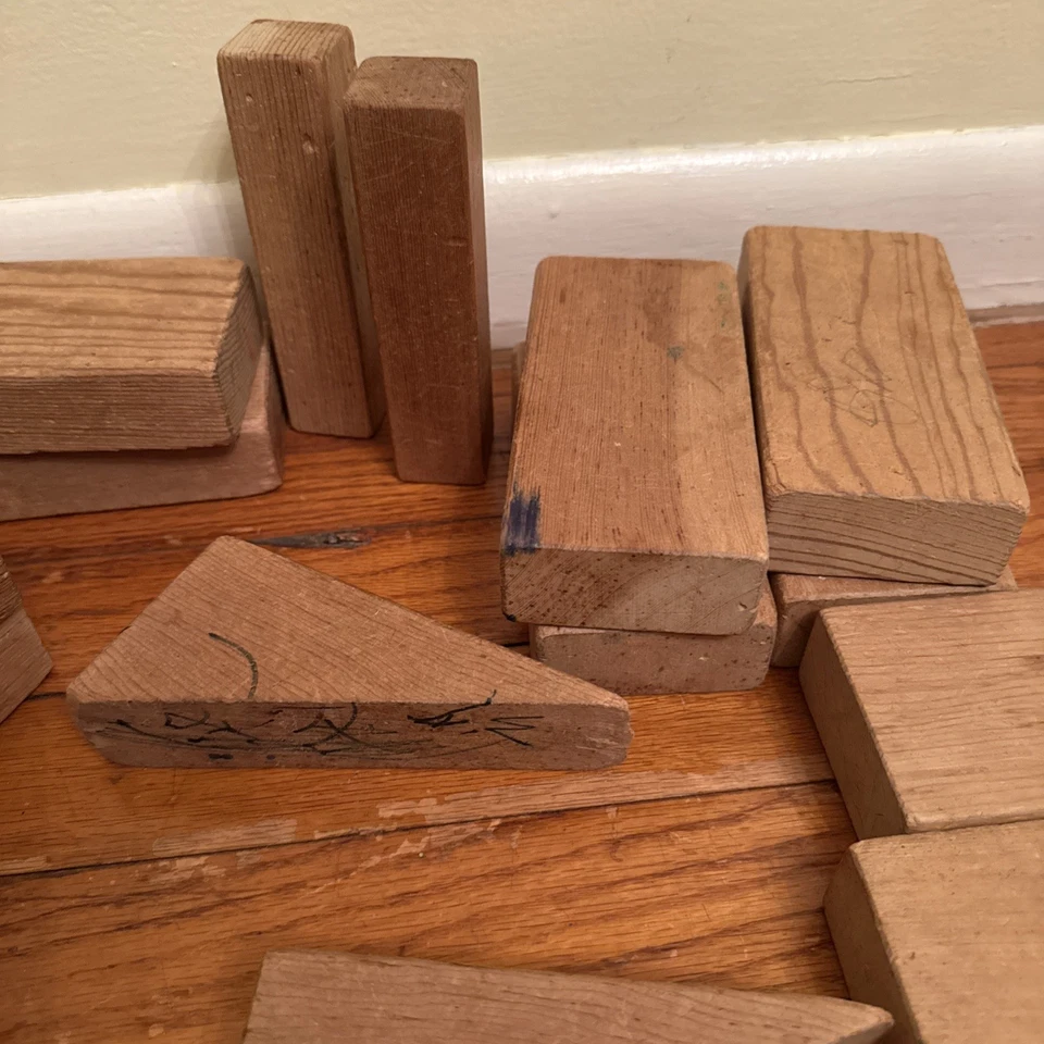 19 PCS VINTAGE WOODEN BLOCKS Child Toys Solid Wood Building Shapes Game 1960’s - Image 2 of 4
