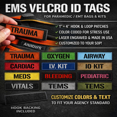 EMS Custom ID Tags   Paramedic EMT Bag Labels | 1  x 4  Hook & Loop | Engraved