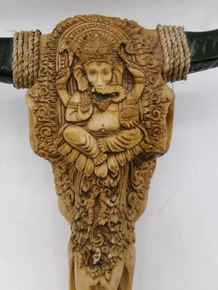 Decorative Resin Bull Skull Wall Art with Ganesha Carving - Image 2 of 4