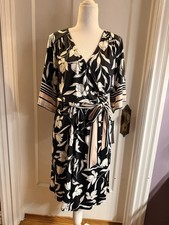 Loramendi Faux Wrap Black And White Floral Print Dress With Kimono Sleeves Sz L