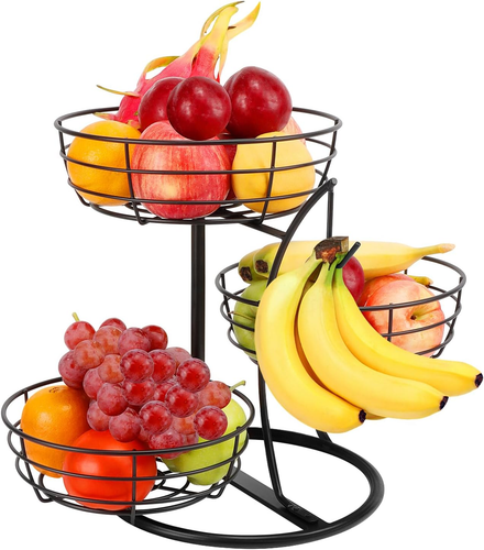 3-Tier Fruit Basket with Banana Hanger for Kitchen Counter Storage, Black - Picture 11 of 12