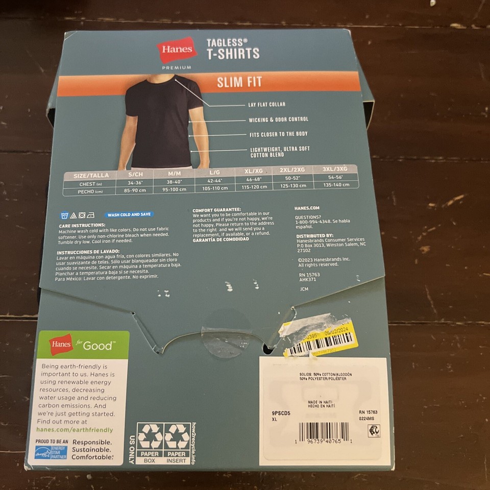 Hanes Premium 5 Pack Slim Fit Crew Neck TShirts Black Size XL 46"48
