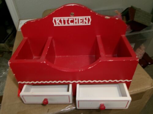 Vintage SOLID Wooden Kitchen Wall Mounted Shelf WITH TWO DRAWERS, RED & WHITE