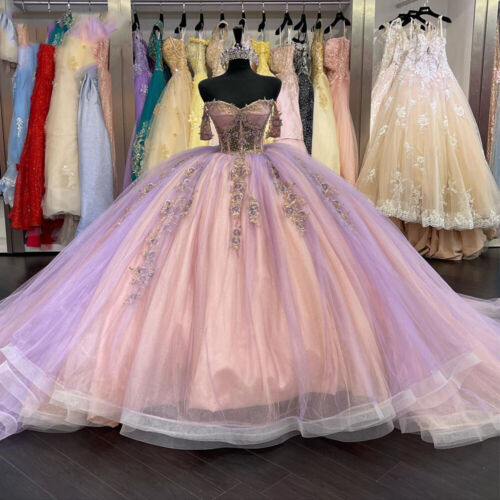 Luxury Quinceanera Dresses Off Shoulder Lace Appliques Sweet 15 Prom Ball Gowns - Picture 1 of 11