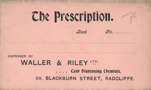 Antique Prescription Envelope Waller & Riley chemists Radcliffe