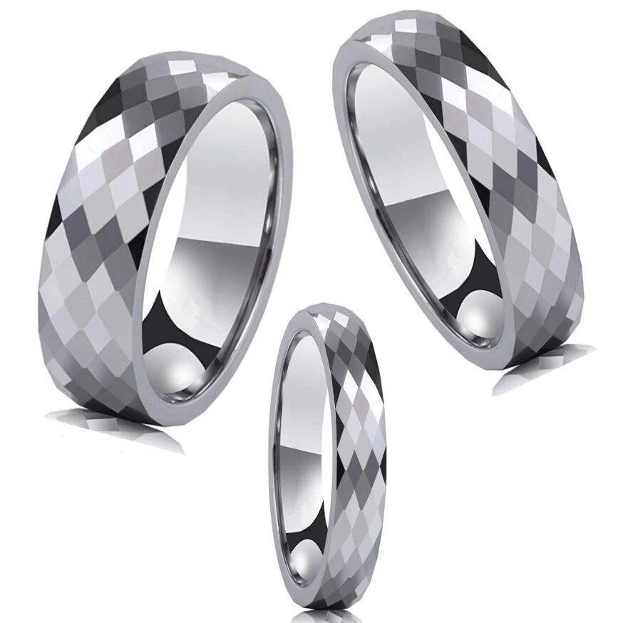 Anillo de boda de carburo de tungsteno plateado facetado pulido ajuste cómodo hombres mujeres Foto 2 de 4