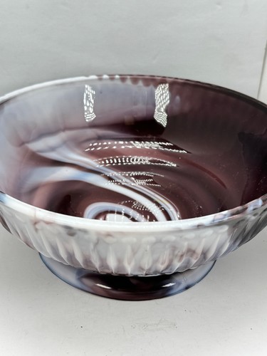 Schale lila weiß Schlacke antik geriffelter Rand Glas 1900er USA 8" Sockel Wirbel - Bild 13 von 15