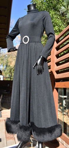 vtg 70's black snow princess evening gown dance dress shearling trim rhinestone