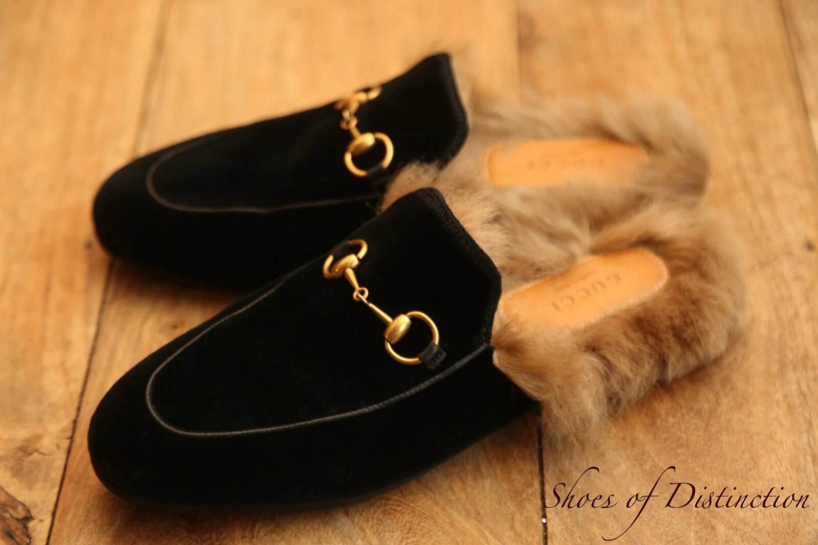 Mocassins Gucci Princetown velours noir dos nu doublés fourrure chaussures femmes UK 3 US 6