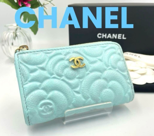 Chanel Camellia Coco Mark Coin Case Wallet Light Blue Genuine w/ Box & Dust Bag - Foto 1 di 14