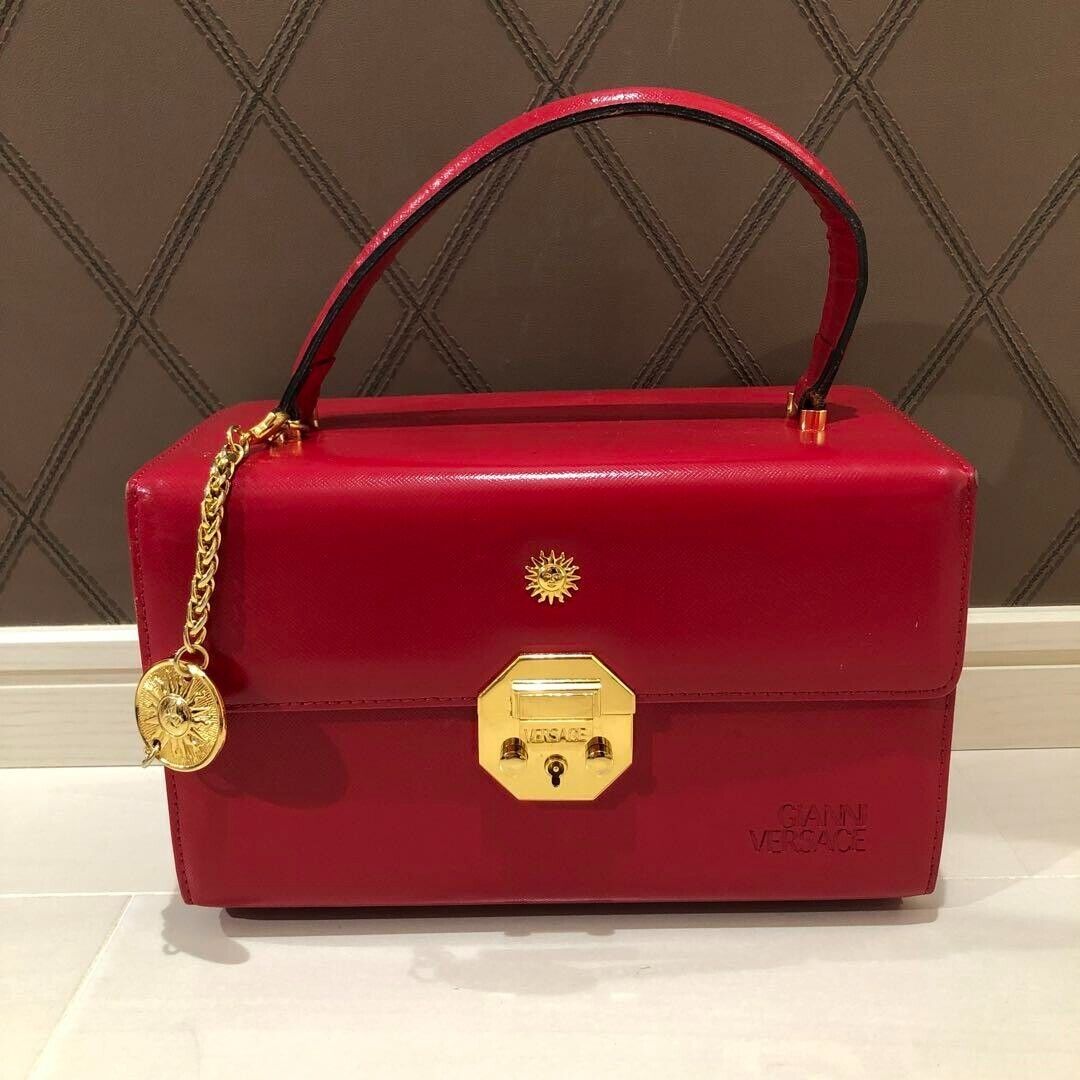 GIANNI VERSACE Sunburst Charm Handbag Vanity Bag Red Leather GIANNI VERSACE Sunburst Charm Handbag Vanity Bag Red Leather