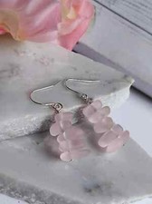 Pink Pebble Shaped Frosted Sea Glass Silver Ladies Dangle Earrings