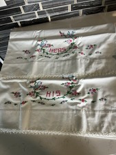 Pair of Vintage White Standard Pillowcases Hand Embroidered Birds His  Hers