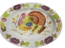 VTG Hand Painted Turkey Platter Oval 14x19” Ceramic Kitchen Home Holiday Decor