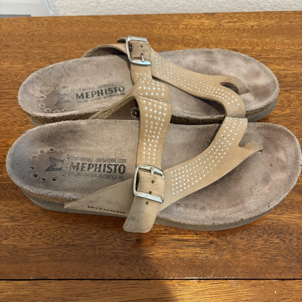 Sandalias Mephisto Helen Mujer Talla 6.5 Beige Estrás Hechas en Francia EU 37 Foto 2 de 4