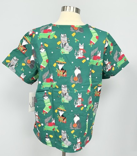 NWT Buttersoft Christmas Holiday Scrub Top 3X Merry Catmas Green Cats Scrubs - Picture 2 of 9
