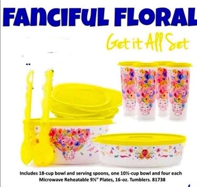 Tupperware Fanciful Floral Get-It-All Set Bowls, Plates, Tumblers