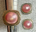 VTG Pink Mabe Pearl Sterling Silver Statement Ring 7.5 & Matching Earrings
