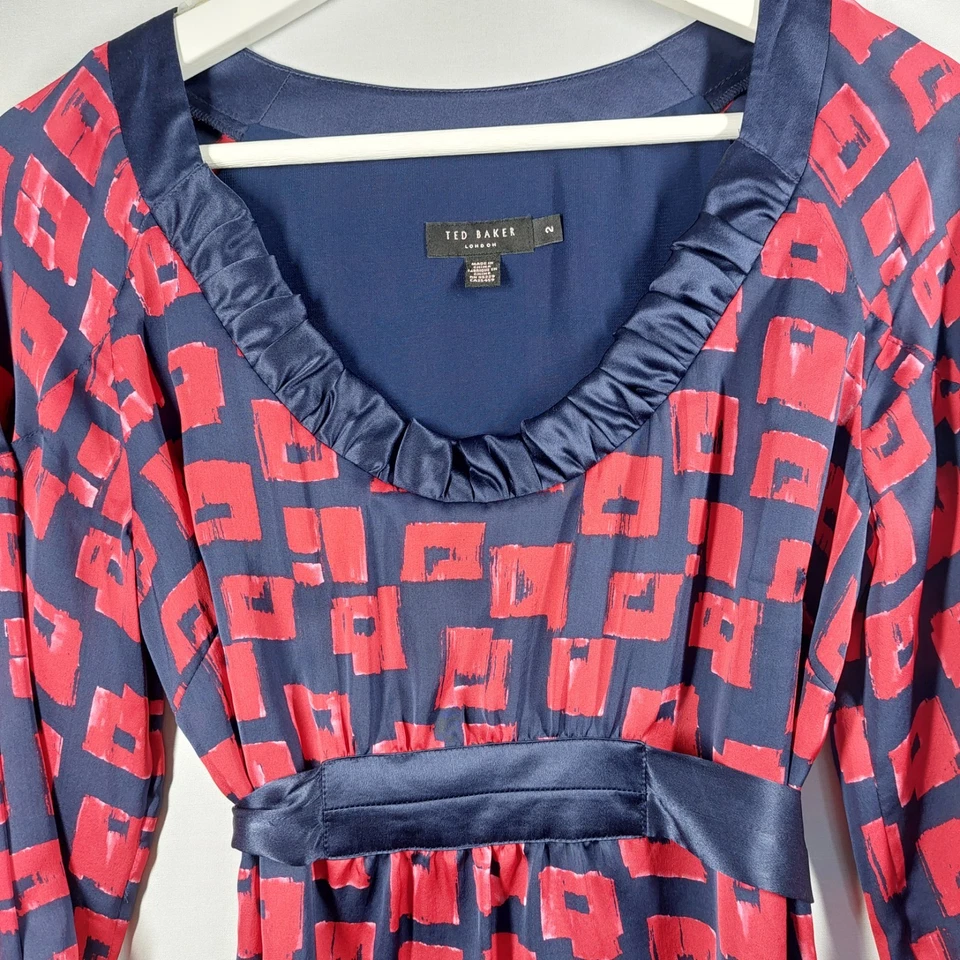 Ted Baker Silk Top Blouse Size 2 UK 10 Navy Red 3/4 Sleeves Belted - Image 4 of 4