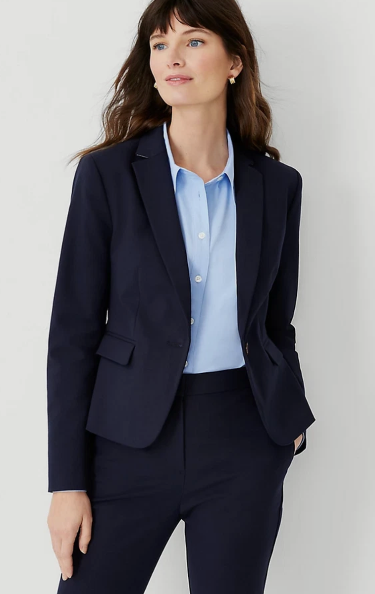 ANN TAYLOR NIGHT SKY BLUE THE ONE BUTTON BLAZER JACKET IN STRETCH