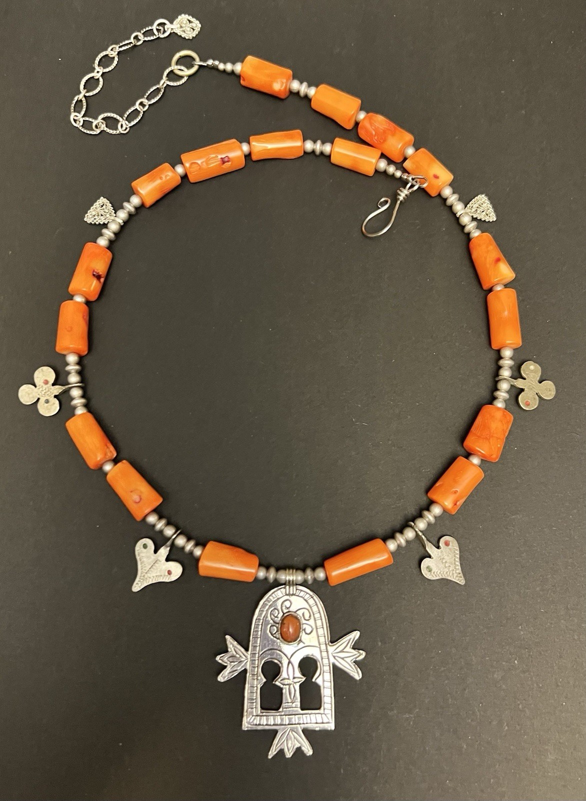 Gates of paradise berber Tuareg pendant & vintage Charms Orange Coral Necklace.