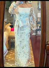 Eliza J Ivory Off-Shoulder Sheath Full-Length Lace Sequin Dress Long Sleeve 8