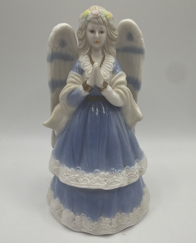 Vintage Praying Angel Trinket Box Ceramic Blue & White Approx. 5-1/4” Tall China