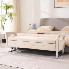 Velvet Storage Stool with Armrests and Hidden Storage Compartment