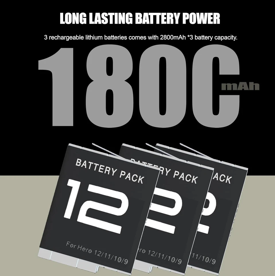 Paquete de 3 cargadores de batería para cámara GoPro Hero 12 Hero 11 Hero 10 Hero 9 negro Foto 2 de 4
