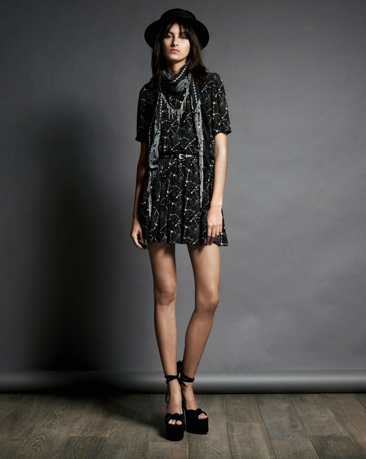 Saint Laurent — SAINT LAURENT PARIS 1990$ Pleated Silk Dress - Constellation Print