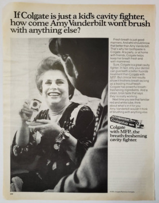 1972 Colgate Toothpaste Vintage Print Ad Amy Vanderbilt Drinking Tea