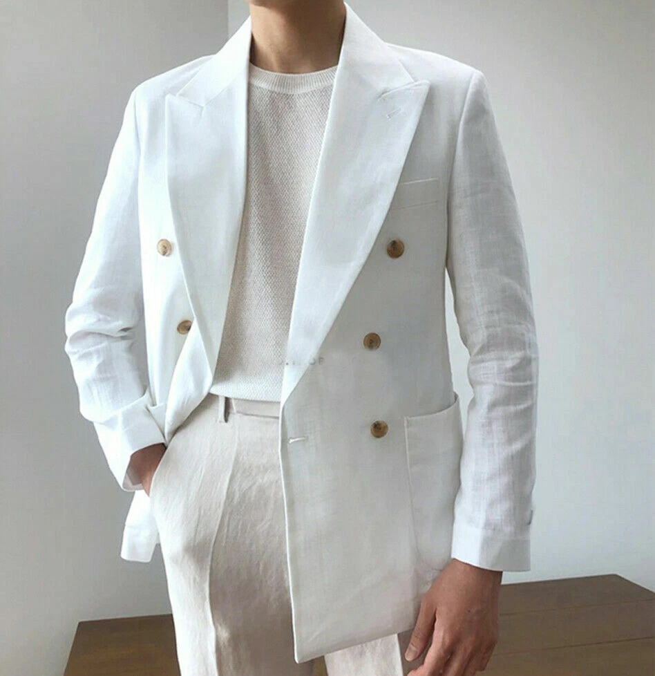 Men's Summer Beach Suit White Linen Jacket Double Breasted Groom Wear Coat  Pants