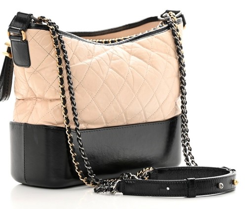 Chanel Small Gabrielle Hobo Bag Black Tan Beige Aged Calfskin Quilted Leather