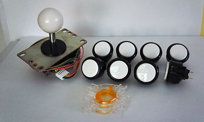 Set of 8 - Arcade Parts Sanwa Mix Black White Buttons & White Joystick GT-Y Wire
