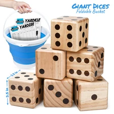 Ondekt Giant Wooden Yard Dice with Collapsible Bucket, 2 Dry Erase Score Cards